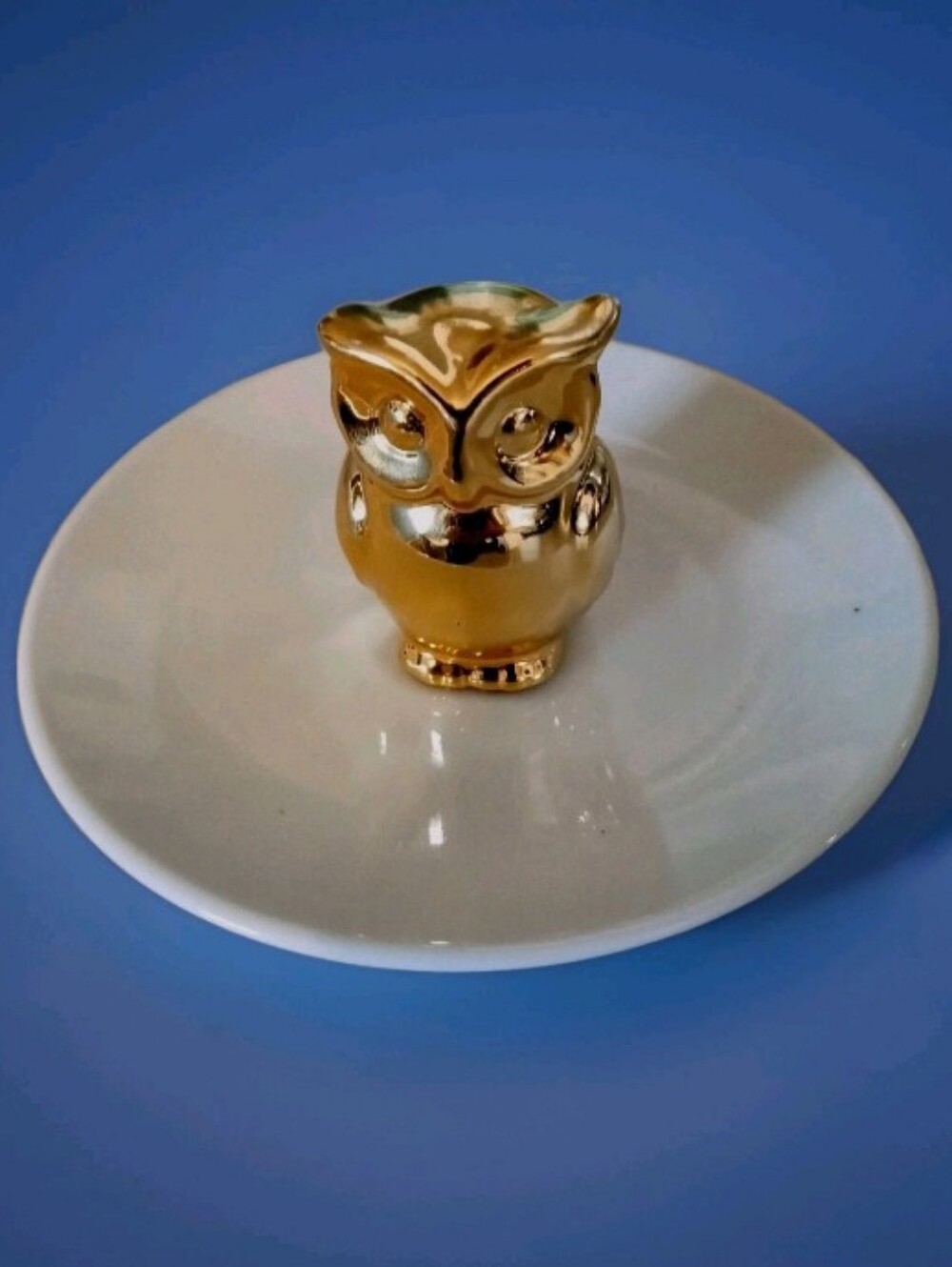 Charming Charlie GoldTone Owl On White 6" Trinket/ Dresser/ Jewelry Dish Ornate